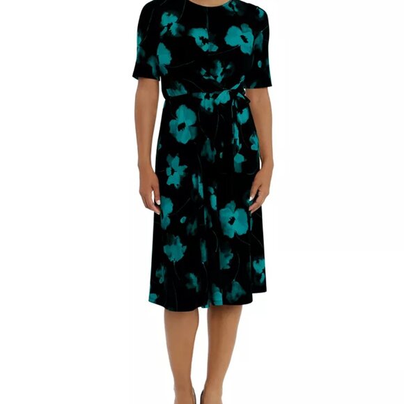 London Times Women's Floral-Print Side-Tie Fit & Flare Keyhole Dress Size 20 - Picture 3 of 4